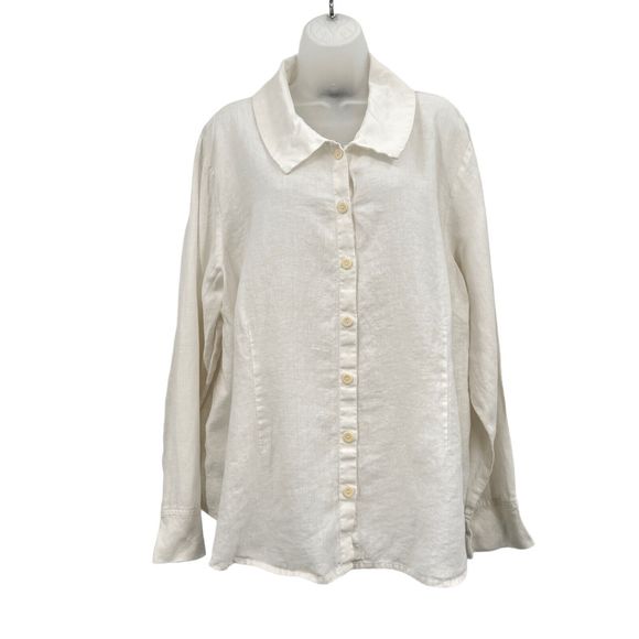 FLAX by Jeanne Engelhart Size 1G 1X White Button Down Shirt Lagenlook Top Linen - Picture 2 of 16
